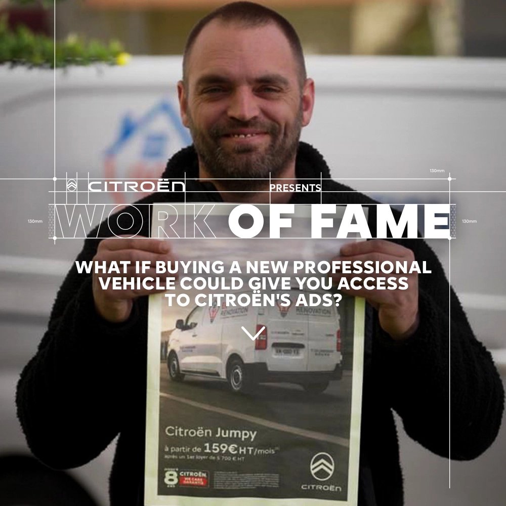 Professional presenting a local Citroën advertisement featuring its branded commercial vehicle, illustrating the Work of Fame project