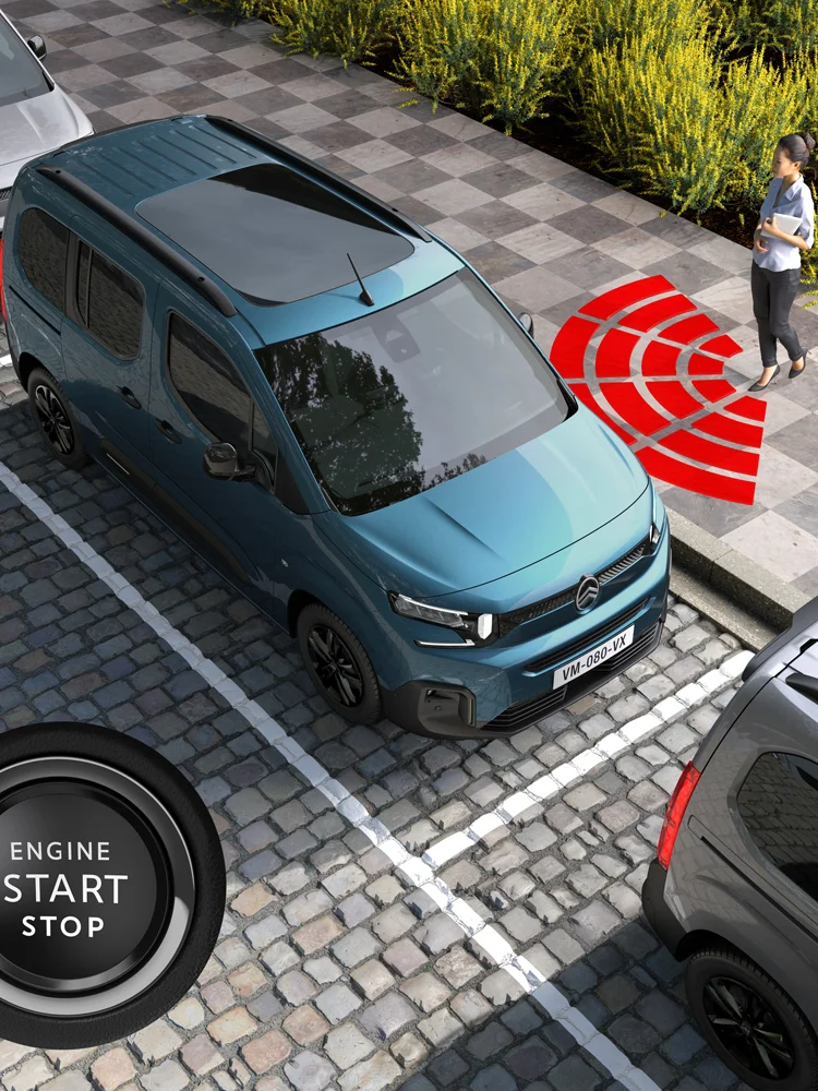 Vue dessus de ë-Berlingo bleu Kiama avec accès sans clé, avec la sécurité, la technologie