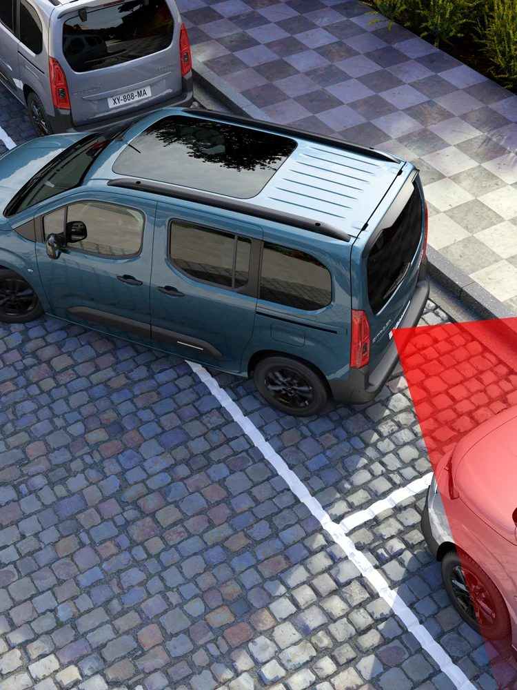 Vue arrière de dessus ë-Berlingo bleu Kiama avec caméra de recul améliorant la visibilité, sécurité